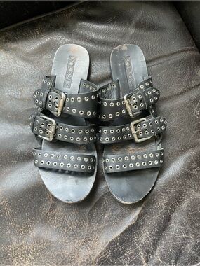 Sol Sana Black Triple-Strap Grommet Buckle Slide Sandals